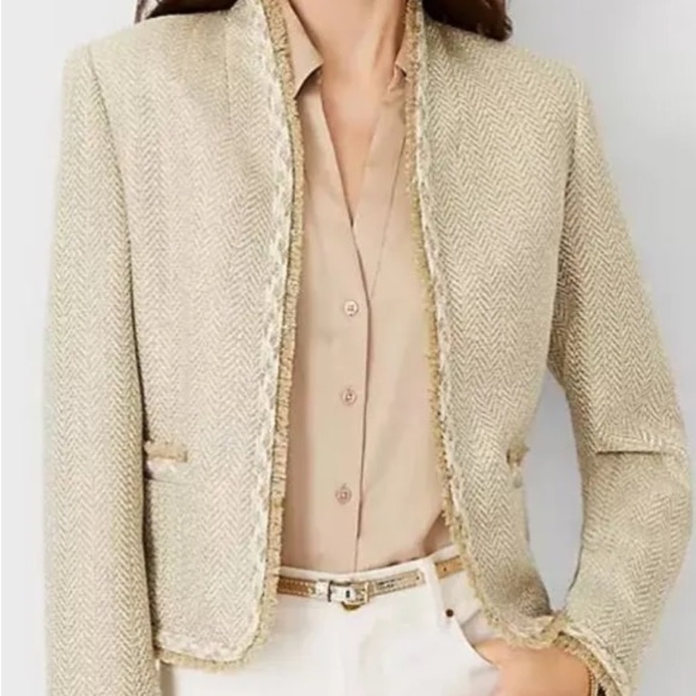 Ann Taylor Ivory Herringbone Blazer with Fringe